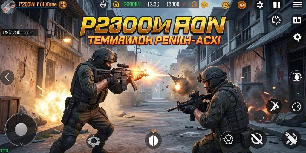Screenshot P200M menampilkan aksi tembak-menembak yang intens.