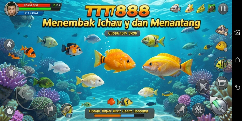 Gambaran gameplay TTT888 saat menembak ikan yang berwarna-warni.